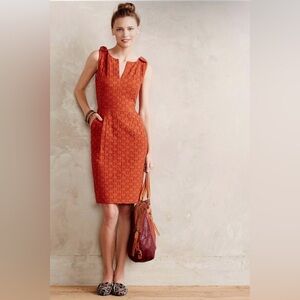 Anthropologie Tabitha Tema Sheath Dress Burnt Orange Rust Bows Pockets | Sz 10